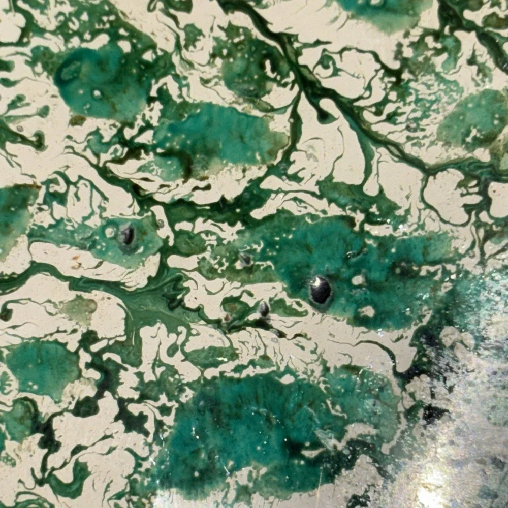 Akcam Turkish Art Glass Green and Beige Splatter print Oval Bowl 11x7.5